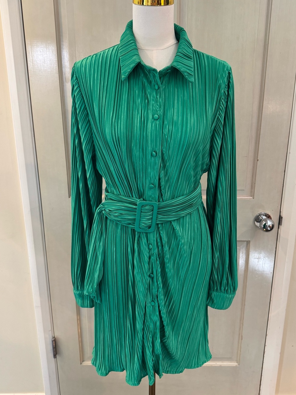 Flying Tomato Emerald Green Pleated Long-Sleeve Shirt Dress with Belt